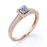 Halo Design 1.25 Carat Princess Cut Aquamarine Milgrain-Bordered Pave-Channel Engagement Ring in White Gold