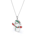 Christmas Snowman Diamond Enamel Pendant Necklace in 18K White Gold Plating over Silver