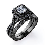 Filigree Twisted Pave 1.75 TCW Princess Cut Moissanite with Lab Created Black Diamond Rounded Square Double Halo Bridal Set in Rose Gold