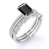 Unique 1.75 Carat Emerald cut Lab Black Diamond Trio Wedding Ring Set in White Gold for Her