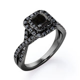 Rounded Square Double Halo -  1.55 TCW Princess Cut Lab Created Black Diamond - Infinity Pave Engagement Ring in White Gold