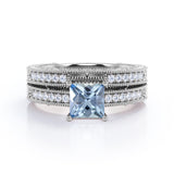 1.4 Carat Princess Cut Aquamarine And Diamond Vintage Wedding Ring Set In White Gold