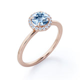 Minimalist Solitaire 1.25 Carat Round Cut Natural Ocean Blue Aquamarine and Diamond Halo Female Engagement Ring