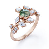 Modern Floral Style 1 Carat Round Cut Natural Translucent Dendritic Moss Green Agate and Diamond Art Deco Engagement Ring