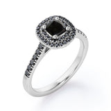Double Halo Style - 1.45 TCW Princess Cut Lab Created Black Diamond - Scalloped Pave Engagement Ring in White Gold