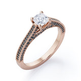 Three Sided Pave - 1.35 TCW Princess Cut Moissanite with Lab Created Black Diamond - Milgrain Decorated Engagement Ring in Rose Gold