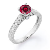 Antique Art Deco 1 Carat Round Cut Lab Ruby Four Prong Solitaire Engagement Ring In White Gold