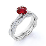 Infinity Design Four Claw 2 Carat Round Cut Lab Ruby and Diamond Pave Wedding Set in White Gold