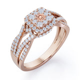 Double Infinity Split Shank - 1.4 Carat Round Shaped Morganite and diamond - Flush Cluster Halo Engagement Ring in White Gold