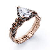 Eternity Crossover 1.75 TCW Pear Shaped Moissanite with Lab Created Black Diamond Halo-Vintage Style Wedding Ring Set in White Gold