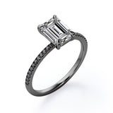 Four Prong - 1.25 TCW Emerald Cut Moissanite with Lab Created Black Diamond - Engagement Ring with Pave Accents in White Gold