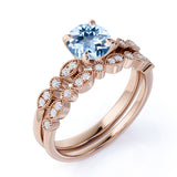 Art Deco 1.50 ct Round Aquamarine Bridal Ring Set