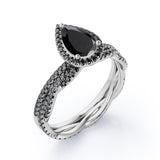 1.75 TCW Pear Shape Lab Created Black Diamond - Pave Setting - Crossover Eternity Wedding Set in White Gold