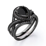 1.75 ct Pear Lab Black Diamond Milgrain Halo Wedding Ring Set