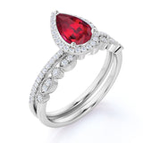 Classic Pave 2 Carat Pear Shape Lab Ruby and Diamond Halo Bridal Ring Set with Art Deco Band in White Gold
