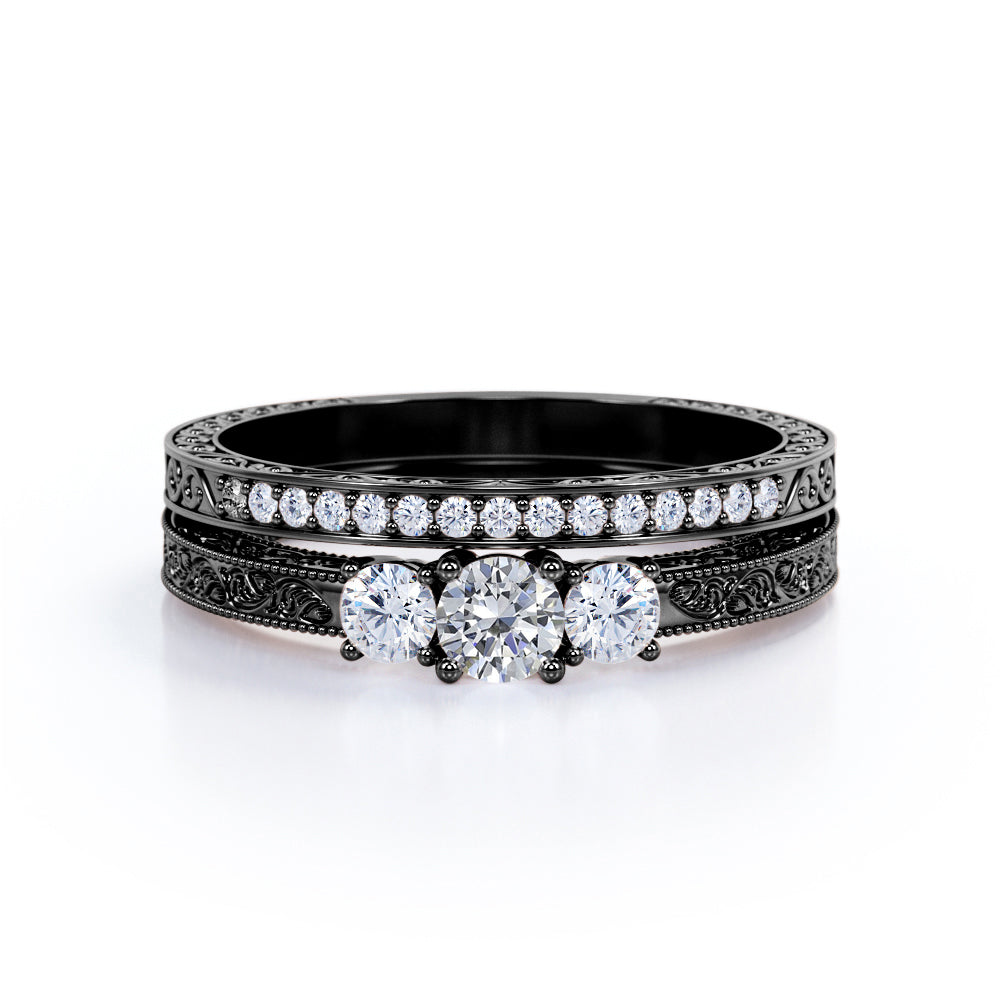 1.25 Carat Round Cut Near Colorless Moissanite And Diamond Three Stone Wedding Ring Set In White Gold