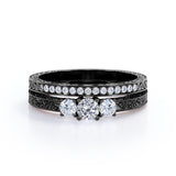 1.25 Carat Round Cut Near Colorless Moissanite And Diamond Three Stone Wedding Ring Set In White Gold