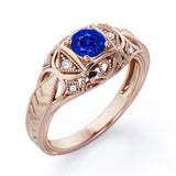 Art Deco Style 1.05 Carat Round Cut Sapphire And Diamond Square Framed Vintage Filigree Engagement Ring In Rose Gold