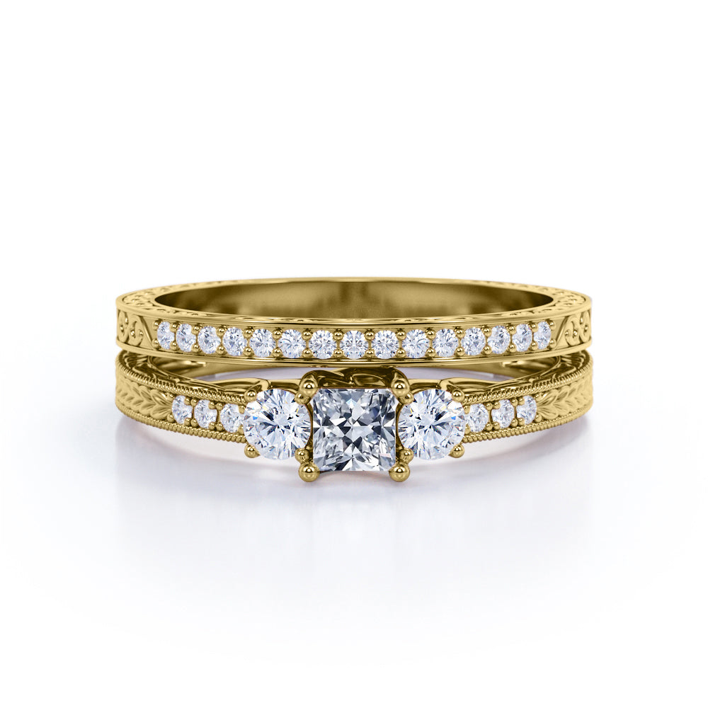 1.25 Carat Princess Cut Moissanite And Diamond Vintage Milgrain Bridal Set Ring In White Gold