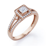 Split-Shanked Pave 1.55 Carat Princess Cut Moissanite and diamond Milgrain-Bordered Halo Engagement Ring in White Gold