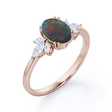 Butterfly style 1.25 Carat Oval Cut Natural Black Fiery Opal And Diamond Nature Inspired Engagement Ring In White Gold