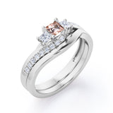3 Stone Shared Prong - 1 TCW Princess Cut Morganite and Moissanite - Pave Curved Shank Wedding Set - Rose Gold