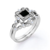 Antique Artdeco 1.25 Princess cut Lab Black Diamond Wedding Bridal Set in Rose Gold