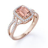 2 Carat Emerald Cut Real Peach Morganite and Moissanite Halo Designer Engagement Ring