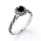 Twirl Halo - 1.35 TCW Round Shaped Lab Created Black Diamond - Twisted Pave Engagement Ring in White Gold