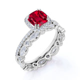 Antique Eternity 2.25 Carat Cushion Cut Lab Ruby and Diamond Halo Wedding Set in White Gold