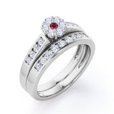 Flower Cluster Design 0.5 TCW Round-Shaped Ruby and Moissanite Flush-Channel Bridal Ring Set in Rose Gold