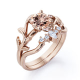 Nature Leaf 0.55 carat Round Morganite and Moissanite Crown Bridal Ring Set in Rose Gold