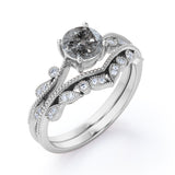 Milgrain 0.75 Ct Round Salt and Pepper Diamond Bridal Set