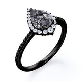 Vintage 1.35 ct Tear Drop Black Rutilated Quartz Halo Engagement Ring