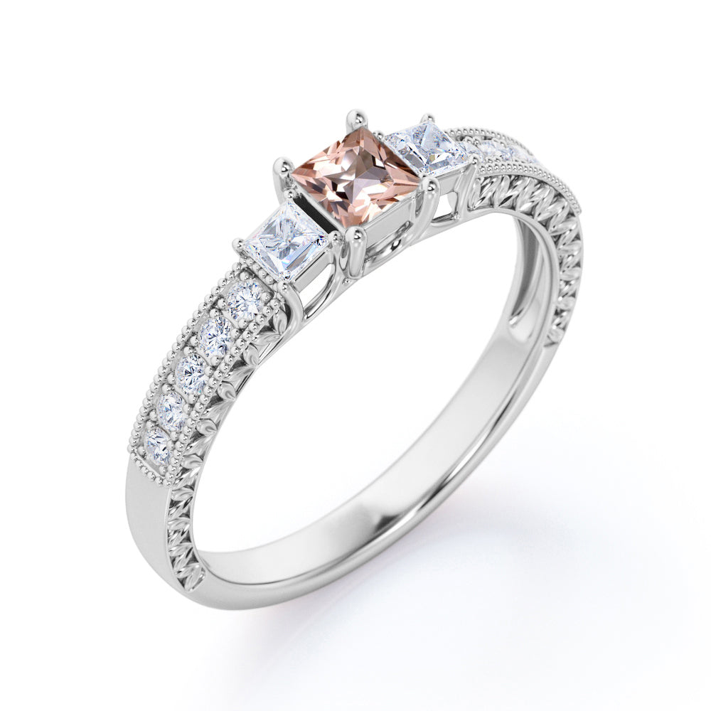 Trellis 1.1 carat Princess Morganite and Moissanite Antique Engagement Ring in Rose Gold