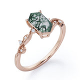 Vintage Wavy Milgrain 0.5 carat Hexagon Moss Green Agate and Diamonds Engagement Ring in Rose Gold