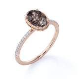 Classic Bezel Set 1.25 Carat Oval Cut Solid Dendritic Black Brown Rutilated Quartz and Diamond Pave Engagement Ring