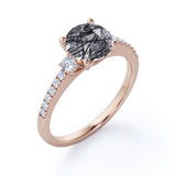Three Stone Prong Setting 1.50 Carat Round Cut Smoked Black Rutilated Quartz and Diamond Pave Engagement Ring