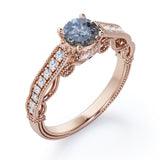 Affordable 0.55 Carat Round Cut Translucent Salt and Pepper Diamond Vintage Milgrain Engagement Ring In White Gold