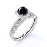 Artdeco scalloped 1.75 Carat Lab Black Diamond Wedding Ring Set for Women in White Gold