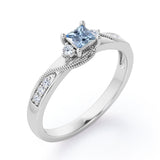 Double Curved Line Milgrain 0.55 carat Princess Aquamarine and Moissanite Dainty Engagement Ring in Rose Gold