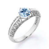 Beaded Art Deco 1 Carat Round Cut Aquamarine Solitaire Engagement Ring In White Gold