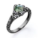 Modern Art Deco 1.10 Carat Round Cut Green Moss Agate And Diamond Cushion Framed Halo Engagement Ring In White Gold