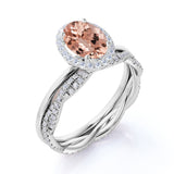 Unique 1.75 Carat Oval Cut Peach Morganite and Diamond Wedding Bridal Ring Set in 10k Rose Gold Affordable Ring