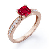 Beaded Eight Prongs 1.25 Carat Cushion Cut Lab-Created Ruby And Diamond Antique Milgrain Engagement Ring In Rose Gold