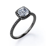 Classic Halo Setting - 1.5 TCW Cushion Cut Moissanite with Lab Created Black Diamond - Pave Style Engagement Ring in Black Gold
