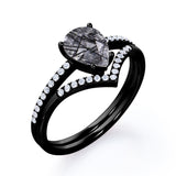 1.40 ct Pear Black Rutilated Quartz V Style Pave Bridal Set