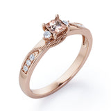 Double Curved Line Milgrain 0.55 carat Princess Morganite and Moissanite Dainty Engagement Ring in Rose Gold