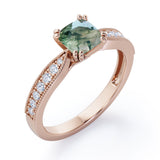 1.25 Ct Cushion Cut Moss Agate Milgrain Engagement Ring