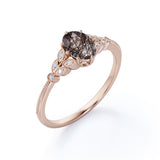 Nature Inspired Leaf Design 1.75 Carat Oval Cut Genuine Black Brown Rutilated Quartz and Diamond Milgrain Art Deco Engagement Ring